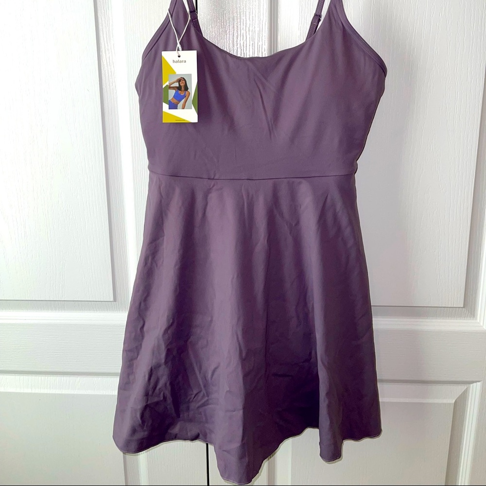 NWT Halara exercise tennis dress wbuilt in bra and shorts L purple lilac mauve